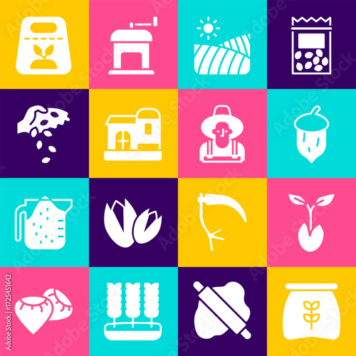 Set Bag of flour, Sprout, Acorn, oak nut, seed, Agriculture wheat field, Farm house, Seed, Pack full seeds plant and Farmer in the hat icon. Vector