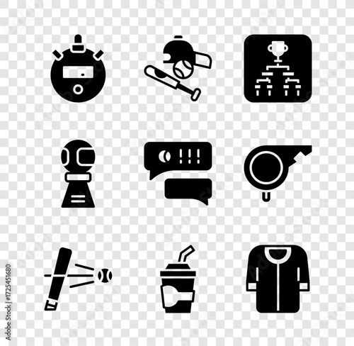 Set Stopwatch, Baseball bat with ball, hat, Championship tournament bracket, Paper glass water, t-shirt, Award cup baseball and Speech bubble chat icon. Vector