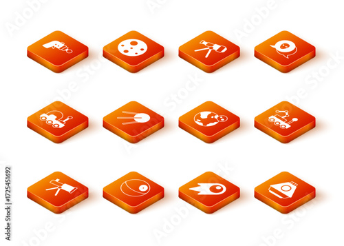Set Telescope, Planet, Mars rover, Satellite, Comet falling down fast, Earth globe, Space capsule and icon. Vector