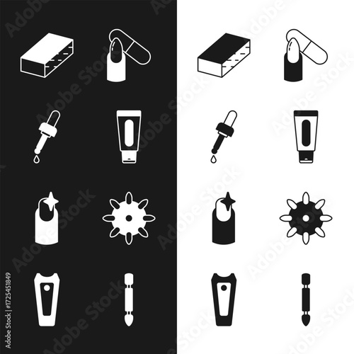 Set Tube of hand cream, Pipette with oil, Nail file, manicure, False nails, Cuticle pusher and cutter icon. Vector