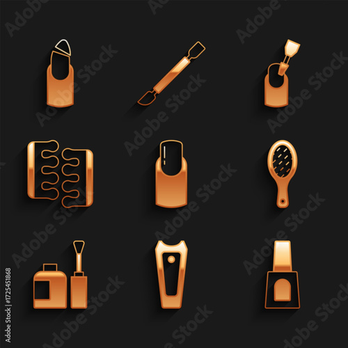 Set Nail manicure, cutter, Bottle of nail polish, file, Toe separator for pedicure, Milling and Broken icon. Vector