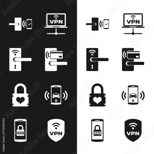 Set Digital door lock with wireless, , , VPN Computer network, Padlock heart and Smart car alarm system icon. Vector