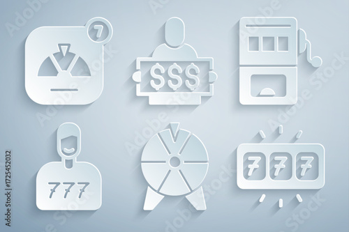 Set Lucky wheel, Slot machine, player, with jackpot, Winner holding prize ticket and icon. Vector