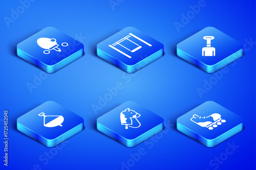 Set Roller skate, Racket, Toy horse, Whirligig toy, Swing and Shovel icon. Vector