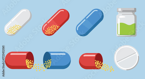 Various pharmaceutical capsules and pills in different colors illustrated clearly