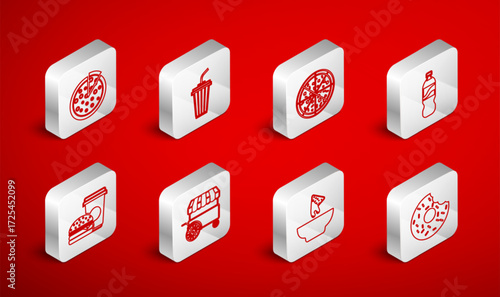 Set line Donut, Glass with water, Pizza, Bottle of, Nachos in plate, Fast street food cart and Coffee and burger icon. Vector