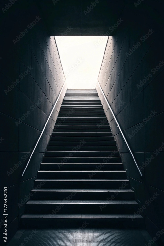 Obraz premium Symmetrical staircase corridor with sleek dark walls and glowing overhead light, creating dramatic contrast and architectural depth