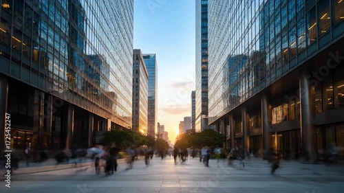 Dynamic Urban Rush Hour at Golden Hour: Motion-Blurred Pedestrians Between Modern Glass Skyscrapers
