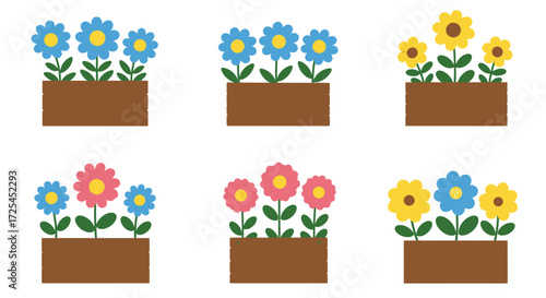 Colorful flowers in wooden planters a cheerful botanical illustration design