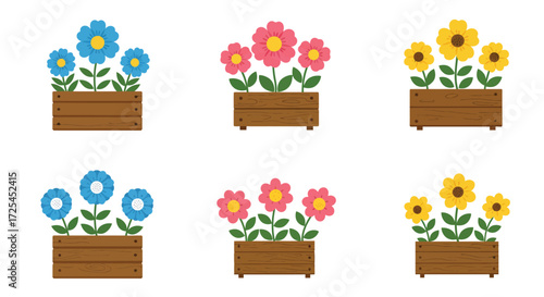 Colorful floral arrangements in wooden planters a cheerful botanical illustration
