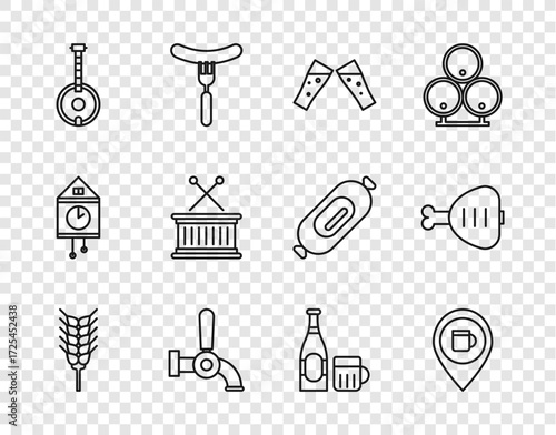 Set line Wheat, Alcohol or beer bar location, Glass of, Beer tap, Banjo, Musical drum and sticks, bottle glass and Chicken leg icon. Vector