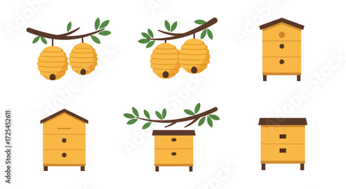 Illustrative bee hives and honeycombs in a simple flat design style