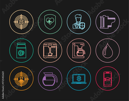 Set line Graduation cap on mobile, Water drop, User protection, Coffee machine and cup, beans bag, Target with dollar, pot and Shield heart rate icon. Vector