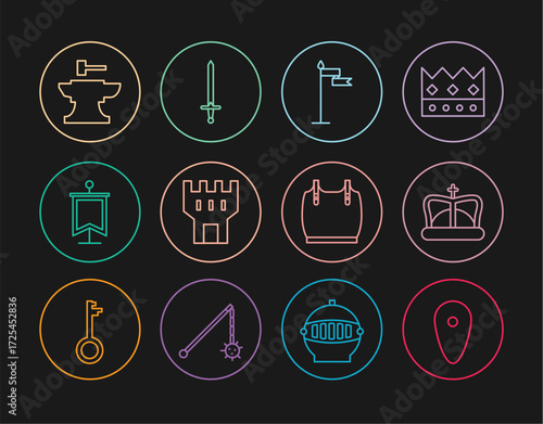 Set line Shield, King crown, Medieval flag, Castle tower, Anvil for blacksmithing hammer, Body armor and sword icon. Vector