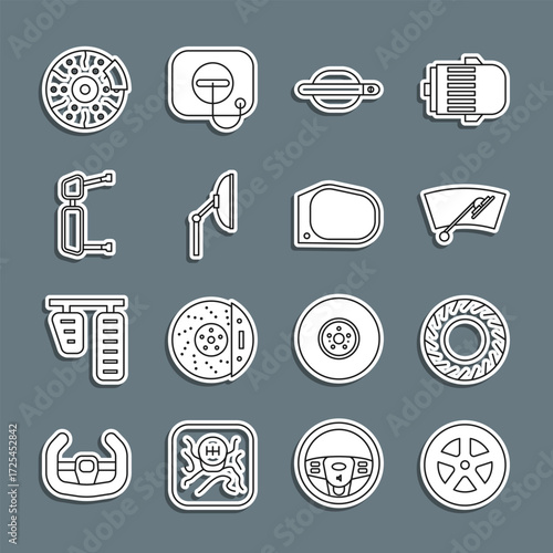 Set line Car wheel, tire, Windscreen wiper, door handle, Truck side mirror, brake disk with caliper and icon. Vector