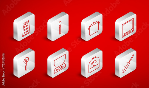 Set line Frying pan, Spoon, Cooking pot, Electronic scales, Oven, Grater, and Pizza knife icon. Vector