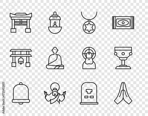 Set line Church bell, Hands in praying position, Star of David necklace chain, Jesus Christ, Japan Gate, Buddhist monk, Tombstone with RIP written and Christian chalice icon. Vector