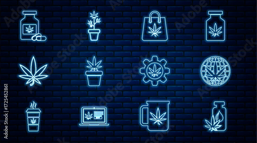 Set line Marijuana or cannabis leaf oil, Legalize marijuana, Shopping bag of, plant pot, Medical bottle with, Test tube and icon. Vector