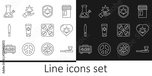 Set line Smoking pipe, Marijuana leaf heart, Shield and marijuana, Medical cream with, joint, Glass bong for smoking cannabis, pills and icon. Vector