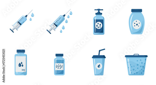Medical supplies hygiene products and waste disposal icons in blue tones