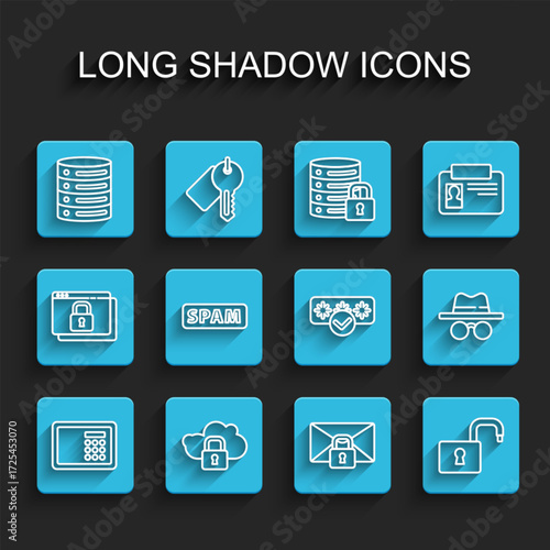 Set line Safe, Cloud computing lock, Server, Data, Web Hosting, Mail message password, Open padlock, Spam, Incognito mode and Password protection icon. Vector