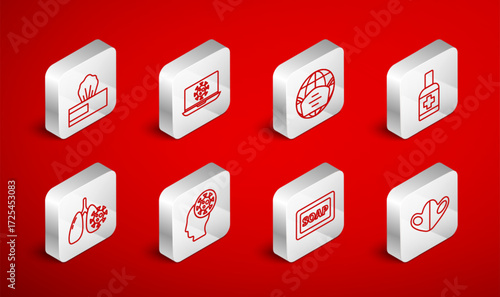 Set line Medical protective mask, Virus statistics on laptop, Earth with medical, Liquid antibacterial soap, Bar of, Wet wipe pack, Human and virus and cells in lung icon. Vector