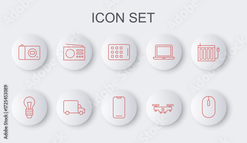 Set line Computer mouse, Light bulb, Graphic tablet, Drone flying, Photo camera, Radio, Delivery cargo truck and Smartphone icon. Vector