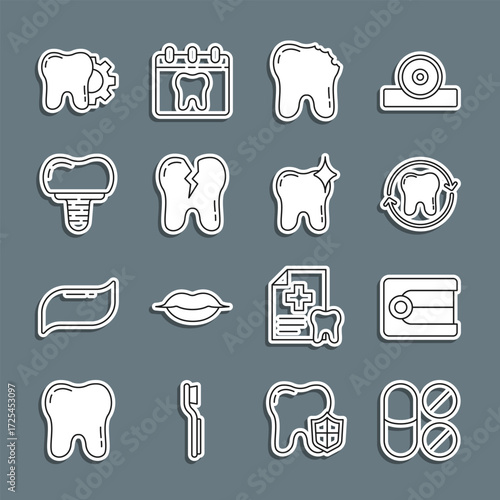 Set line Painkiller tablet, Dentures model, Tooth whitening, Broken tooth, Dental implant, treatment procedure and icon. Vector