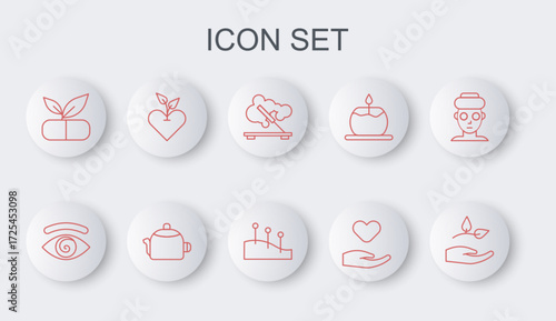 Set line Leaf in hand, Hypnosis, Scented spa stick, Heart, Medical pill with plant, Kettle handle and Acupuncture therapy icon. Vector