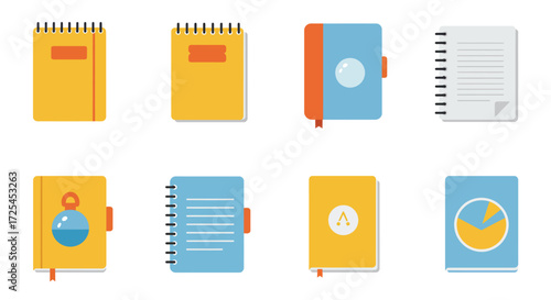 Collection of colorful notebooks and journals in a flat design style