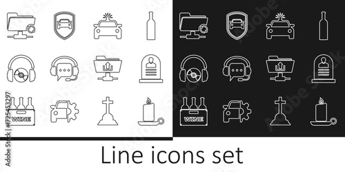 Set line Burning candle in candlestick, Tombstone with RIP written, Police car flasher, Headphones speech bubble, CD or DVD, FTP sync refresh, folder upload and Car protection insurance icon. Vector