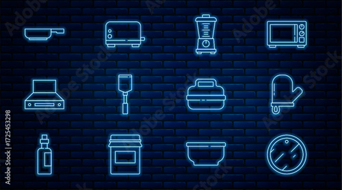 Set line Cutting board, Oven glove, Blender, Spatula, Kitchen extractor fan, Frying pan, Cooking pot and Toaster icon. Vector