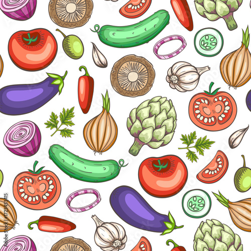 A seamless pattern of handdrawn vegetables in various states of preparation