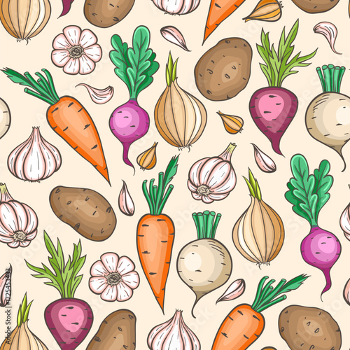 A seamless pattern of handdrawn vegetables on a light beige background
