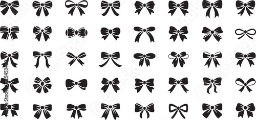 Black Monochrome decorative ribbon bows bundle. Holiday sign collection. Ribbon symbol, accessory logo, cut files. Vector outline illustrations isolated on transparent background.