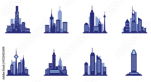 Collection of modern city skylines in a minimalist blue palette