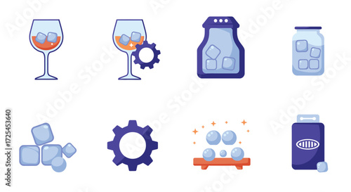 Collection of blue icons depicting glassware ice and mechanical parts