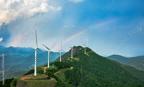 Wind turbine generator set on the top of Queya Mountain, Heyuan City, Guangdong Province, China