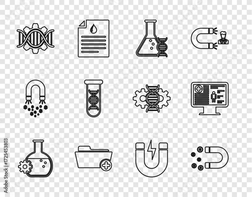 Set line Bioengineering, Magnet with money, DNA research, search, Health record folder, Genetic, lightning and Clinical monitor icon. Vector