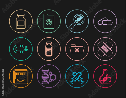 Set line DNA research, search, Crossed bandage plaster, Medical vial, ampoule, Customer attracting, Medicine bottle, Health record folder and Clinical icon. Vector