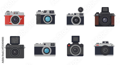 Variety of vintage and modern cameras in a flat design style