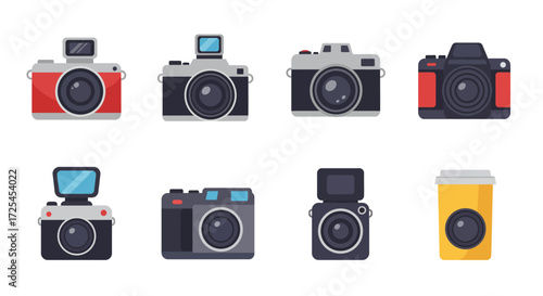 Collection of vintage and modern cameras in a flat style illustration
