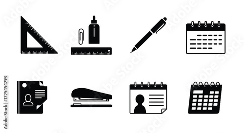 Black and white icons depicting common office supplies and planning tools