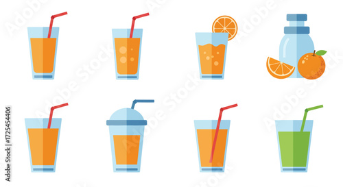 Refreshing assortment of orange juice water and green smoothie drinks