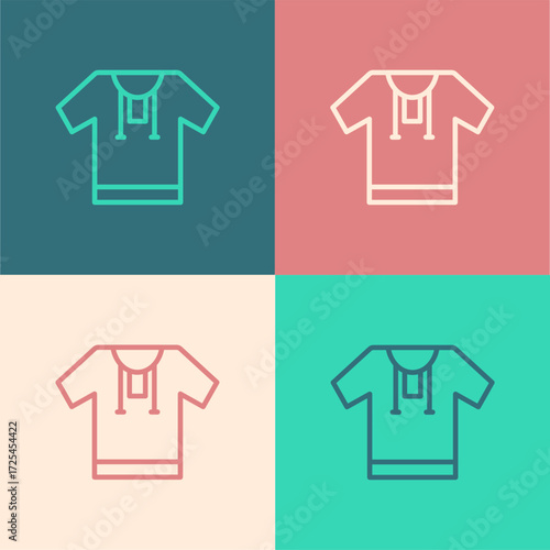 Pop art line Embroidered shirt icon isolated on color background. National ukrainian clothing. Vector