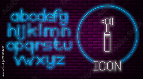Glowing neon line Medical otoscope tool icon isolated on brick wall background. Medical instrument. Neon light alphabet. Vector Illustration