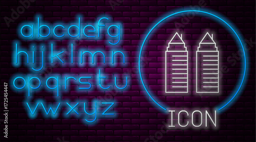 Glowing neon line Two tall residential towers in the Dnipro city icon isolated on brick wall background. Neon light alphabet. Vector