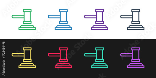 Set line Judge gavel icon isolated on black and white background. Gavel for adjudication of sentences and bills, court, justice. Auction hammer. Vector