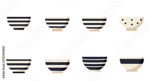 A collection of ceramic bowls in various striped and dotted patterns