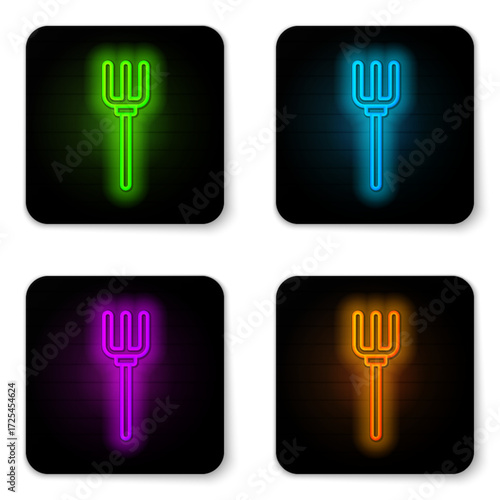 Glowing neon line Garden pitchfork icon isolated on white background. Garden fork sign. Tool for horticulture, agriculture, farming. Black square button. Vector